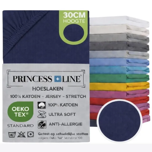 Princess Line Comfortabel Ultra-Soft-Hoeslaken -100% katoen-Jersey -Stretch -Strijkvrij- Rondom elastiek-Hoekhoogte tot 30cm-Eenpersoons -90x200-Donker Blauw