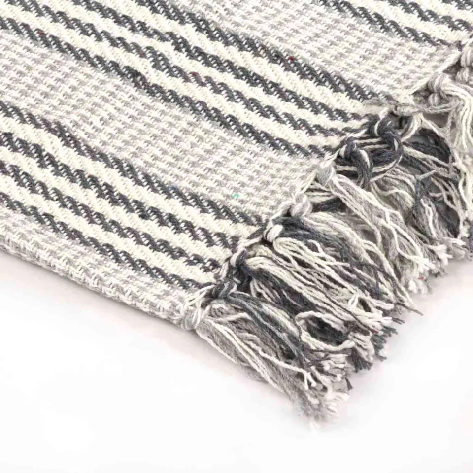 vidaXL Plaid strepen 220x250 cm katoen grijs en wit, foto 3