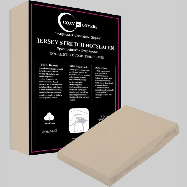 Cozy Covers Jersey hoeslaken 100% katoen 200x220 cm - rondomelastiek + 40 cm matrasdikte - Zand