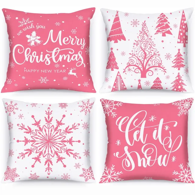 Unyqoos Set van 4 decoratieve kussenslopen met sneeuwvlokken voor de feestdagen roze