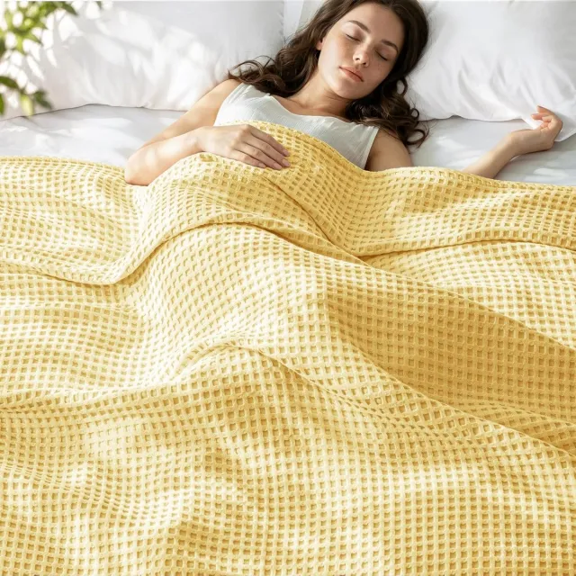KZQ Katoenen Wafeldeken 150x200 cm Geel, Licht en Ademend Bedsprei voor Zomer, Zachte Sofadeken voor Bank en Slaapkamer