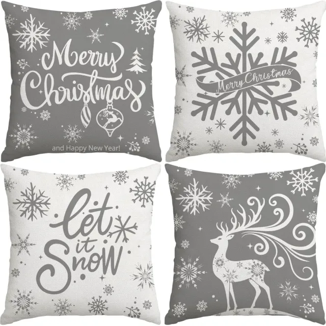 Unyqoos Set van 4 decoratieve kerstkussenhoezen met sneeuwvlokken en elandmotief grijs