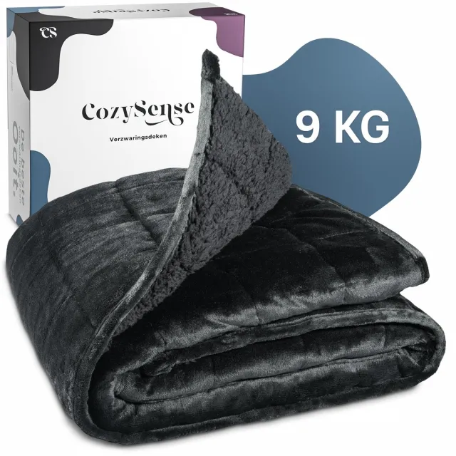 CozySense Verzwaringsdeken 9kg - 135x200cm - Dubbelzijdig Zwaartedeken met Flanel & Sherpa Kant - Weighted Blanket met GLASS-Flow® Drukverdeling - Verzwaarde Deken - Zwart