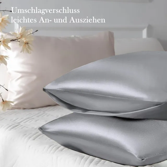 Famanu Satijnen kussenslopen 50x80 cm grijs set 2, zijdeachtig zacht voor haar en huid, envelopsluiting met 2 haarbandjes