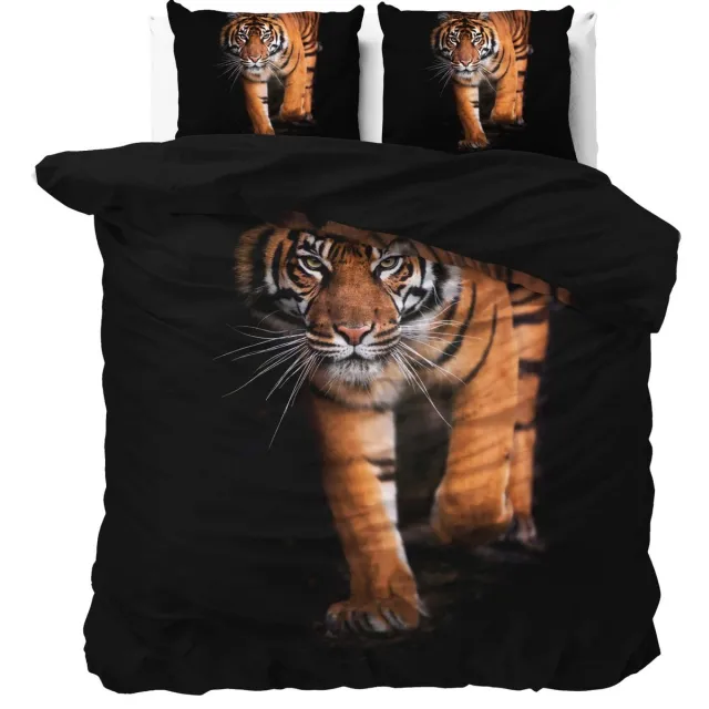 CL Lits-jumeaux dekbedovertrek (dekbed hoes) zwart met grote goudbruine tijger / tiger (wild dier / animal) 240 x 220 cm (rustig natuurlijk beddengoed slaapkamer)
