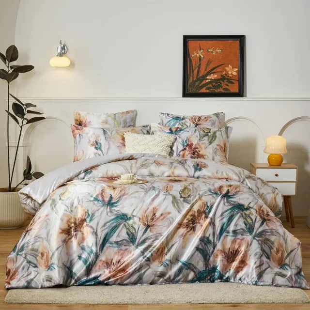 Satijnen Stijlvol satijnen dekbedovertrek - 1 stuk - 100% polyester Inkttekening Floral