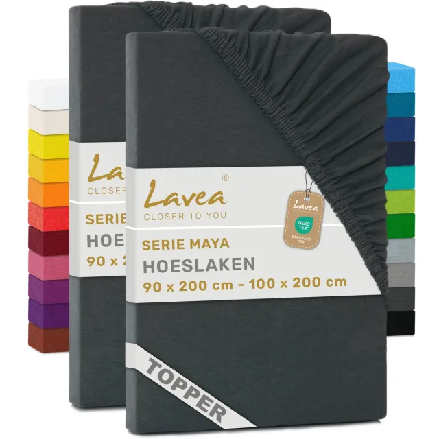 lavea Set van 2 Hoeslakens voor Topper 90x200cm - 100x200cm – 100% Katoen Jersey – voor Topper tot 10 cm – met Elastiek rondom – Antraciet