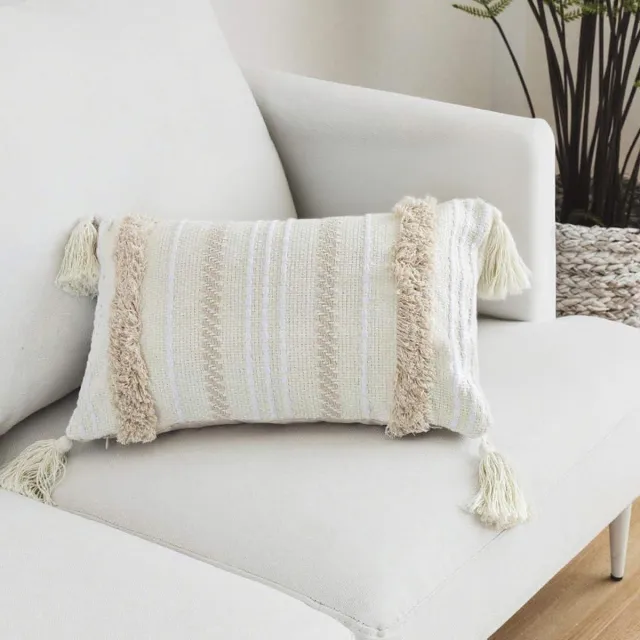 Provento Boho sierkussensloop 12 x 20 beige - Decoratief katoenen kussensloop met kwastjes - Voor bank slaapbank woonkamer kantoor auto - 30x50 lendenkussen Any