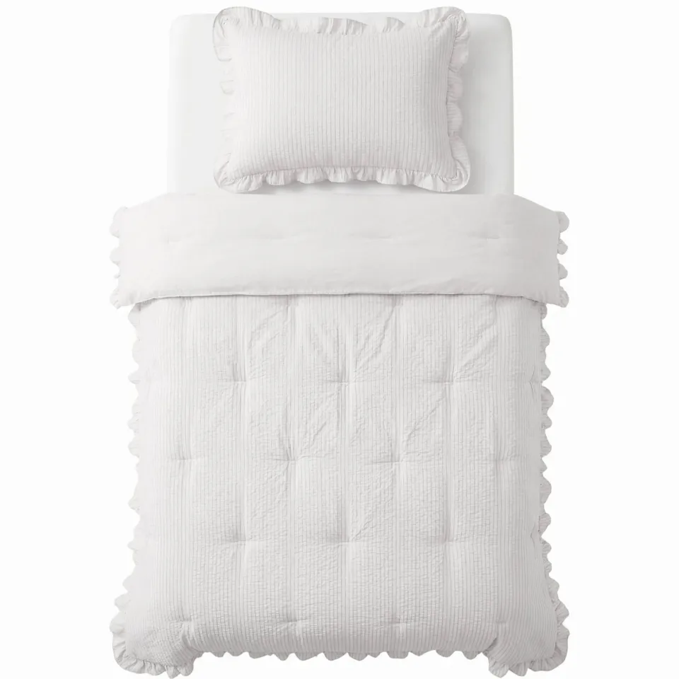 W seersucker dekbed zonder overtrek met kussensloop Lazy - ruffles off-white, foto 5