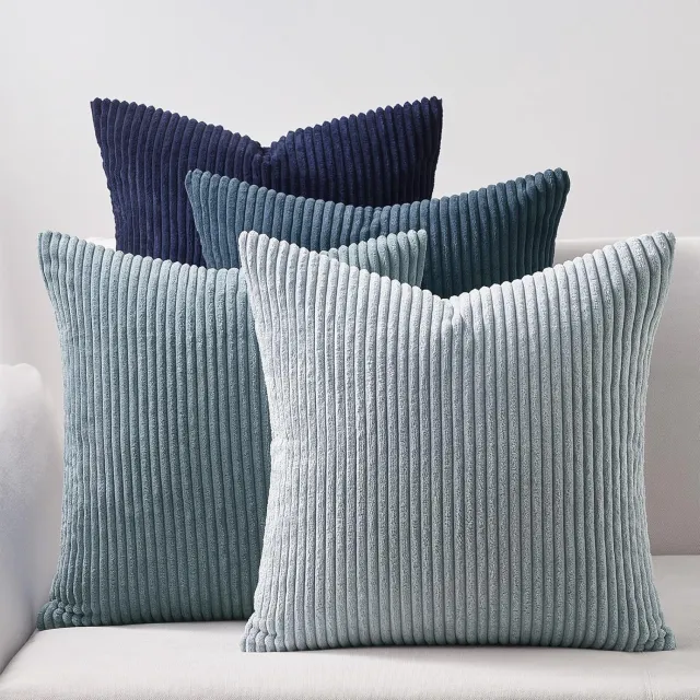 SNQ 4-delige corduroy kussenhoezenset - Blauw - 45x45 cm - Gestreept patroon - Sierkussenhoezenset voor bank en woonkamer - Herfstcollectie - Binnenvulling niet inbegrepen
