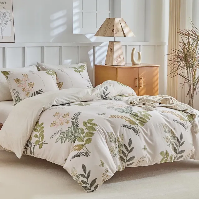 Unyqoos Drie-delige set beddengoed met botanisch design voor alle seizoenen groen wit