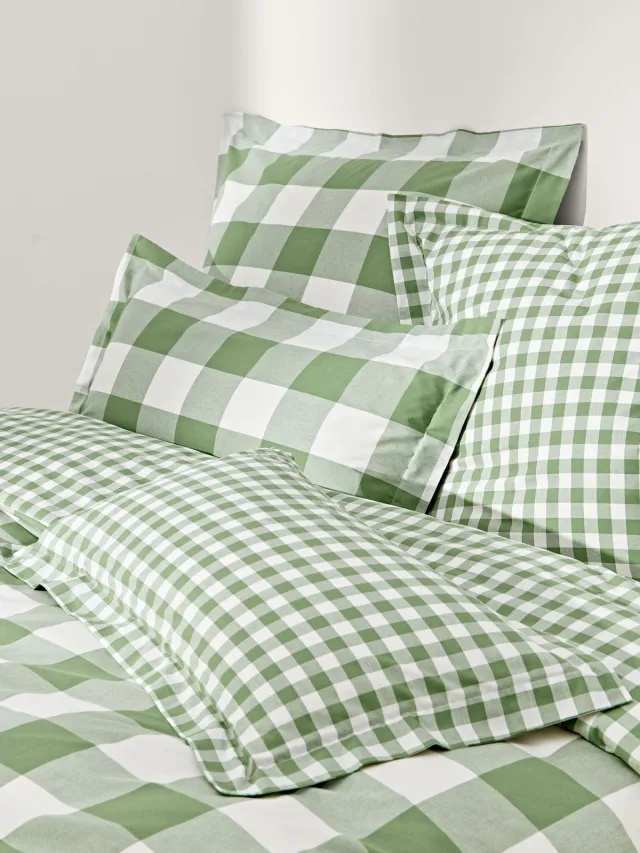 Westwing Collection Geruit katoenen dekbedovertrek Nels Groen, Wit