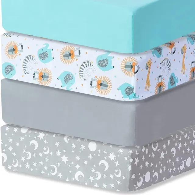 Ibenzoa Zachte en Ademende Babyhoeslakens Set van 4 voor Optimale Babycomfort en Veiligheid zeeblauw/dier/grijs/sterrenhemel 4 stuks