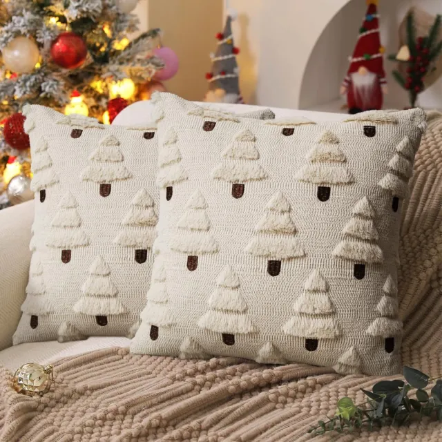 Flintry Set Van 2 Kerstkussenhoezen, Decoratieve Hoezen Met Geborduurde Kerstboom En Verborgen Ritssluiting, 45 X 45 Cm (18 X 18 Inch) Kussenhoezen Voor Kerstdecoratie wit