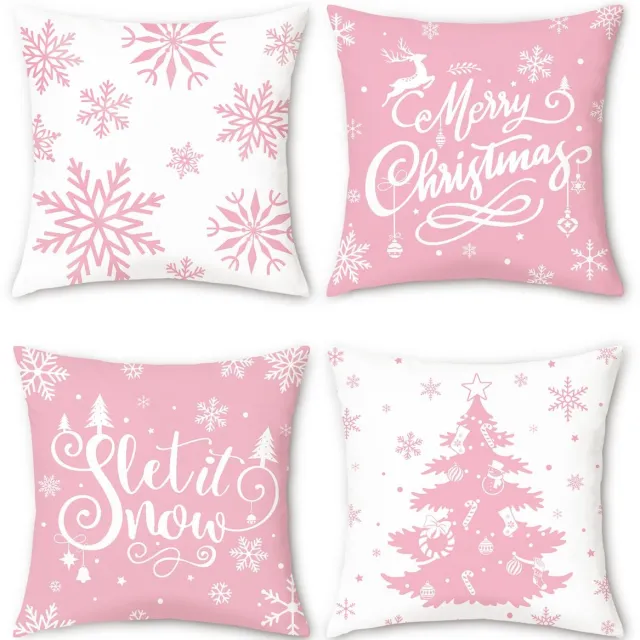 Unyqoos Set van vier feestelijke roze kussenhoezen met winterse prints voor huisdecoratie Roze wit