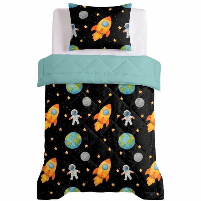 Sleeptime Kids Astronaut 2 in 1 Wasbaar Dekbed zonder Overtrek - Eenpersoons 140x200 cm - Inclusief 1 Kussensloop 60x70 cm - Microvezel - Zwart Astronaut Zwart