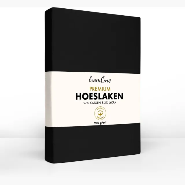 Loom One Premium Hoeslaken – 97% Jersey Katoen / 3% Lycra – 120x200 cm – tot 25cm matrasdikte– 200 g/m² – Zwart