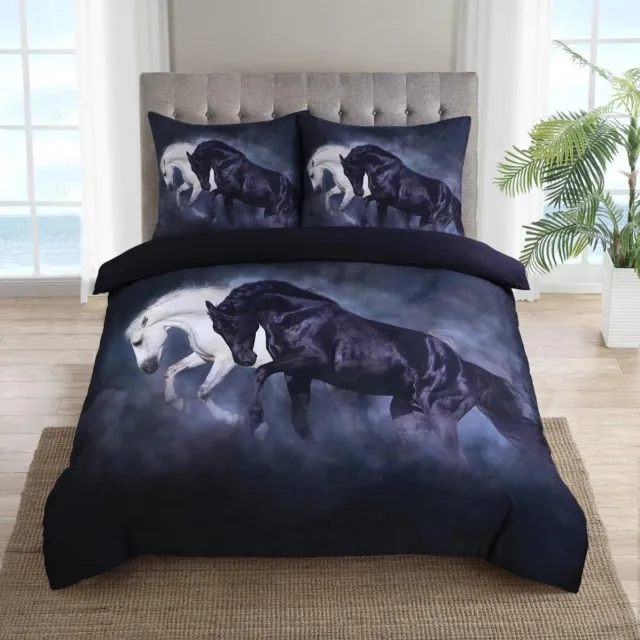 Husch Dekbedovertrek -Paarden-Tweepersoons-200x200/220-cm + 2 kussenslopen 60x70cm zwart-wit