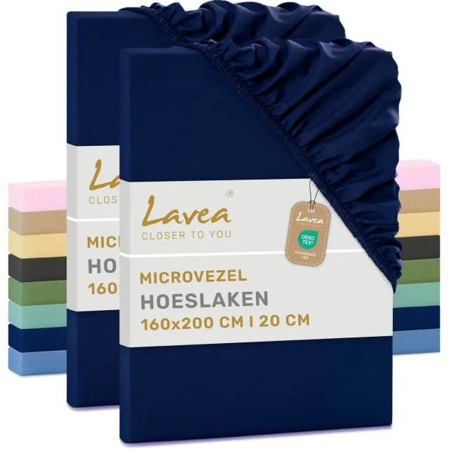 lavea Set van 2 Hoeslakens 160x200 cm – zachte en ademende microvezel – voor matrassen tot 20 cm – met elastiek rondom – oeko-tex gecertificeerd – Marineblauw