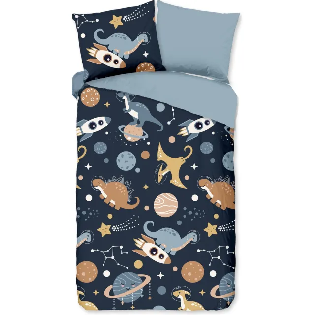 Pure dekbedovertrek dinosaurssen in de ruimte - 1 persoons 140x200/220 cm - Blauw - Microvezel Blue