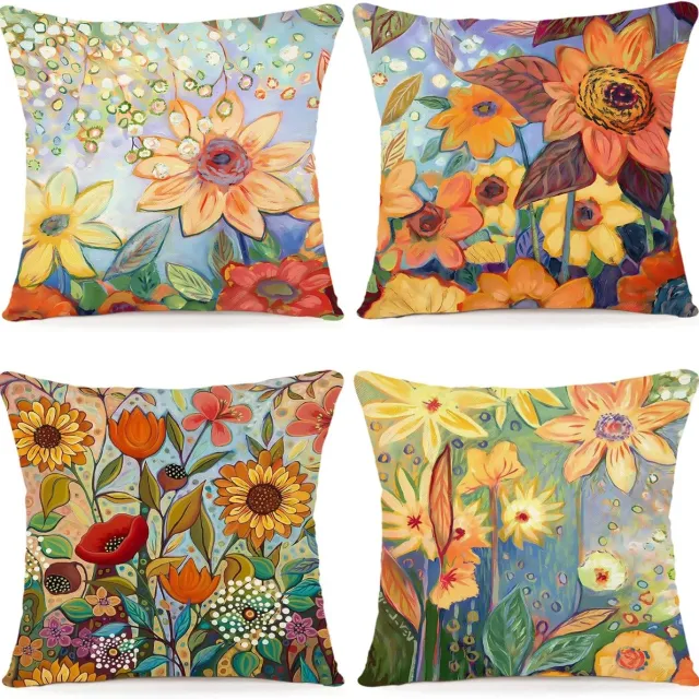 Ibenzoa Linnen Kussenhoezen Set 40x40cm met Aquarel Bloemenpatroon - 4 Stuks