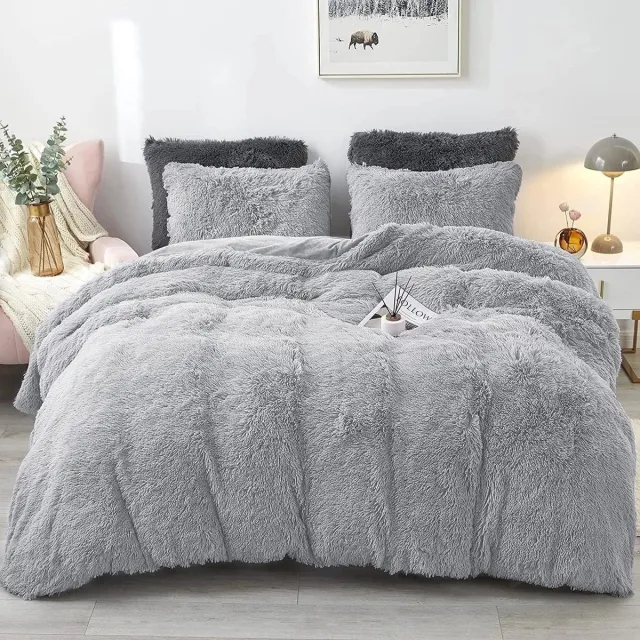 LUCKICE Beddengoedset Pluche Beddengoed 135x200cm Extra Zachte Imitatiebont Flanellen Biber Dekbedovertrek met Kussensloop 80x80cm en Ritssluiting Lichtgrijs