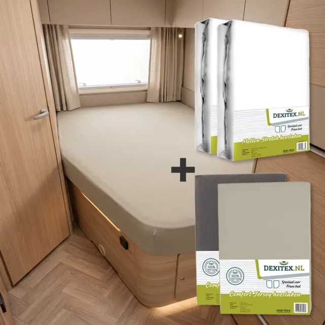 dexitex Textielpakket Frans bed - 2 molton met 2 hoeslakens - links - 1 x Zandkleur + 1 x Antraciet 2 x molton/ 1 x zandkleur hoeslaken + 1 x Antraciet hoeslaken