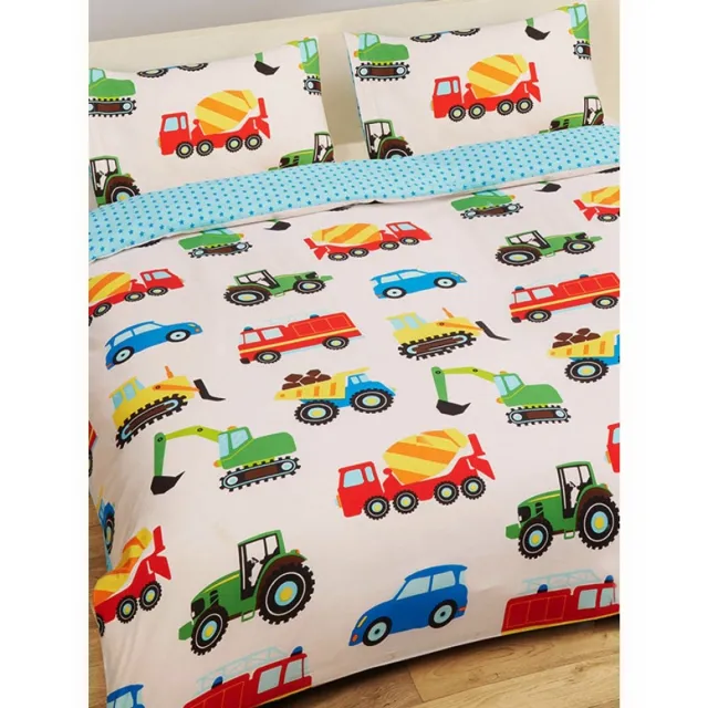Catherine Lansfield 2-persoons jongens / kinder dekbedovertrek (dekbed hoes) wit "transport voertuigen" met auto's, trekkers (tractor), bulldozer, graafmachine, kraan, vrachtwagen / truck en brandweer tweepersoons 200 x 200 cm (kinderkamer kleuters, Sint & Kerst cadeau)