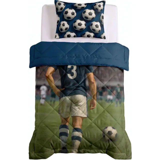 Bedsupplies Lazy Kinderdekbed - Wasbaar Dekbed - 140x200cm - Voetbal - Blauw/Groen