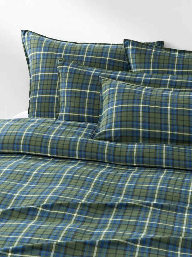 Westwing Collection Geruit flanellen dekbedovertrek Linsay Blauw, Groen