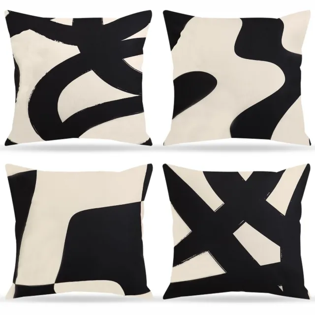 Ibenzoa Set van 4 stijlvolle geometrische kussenhoezen voor binnen- en buitengebruik, zwart en beige