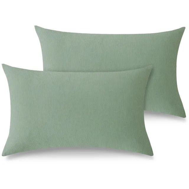 Ibenzoa Katoenen Kussenslopen 40 x 80 cm met Linnen Uiterlijk en Dubbele Strepen, Set van 2, Voor Allergievriendelijke Slaapervaring groen