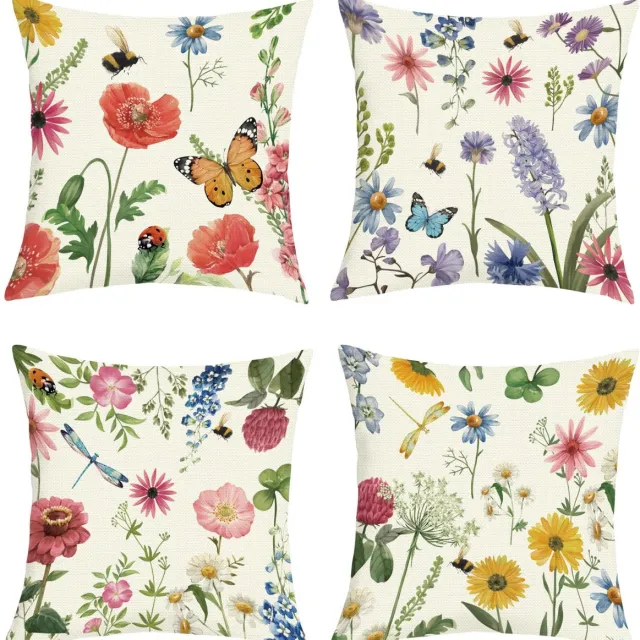 Ibenzoa Set van 4 decoratieve kussenhoezen met bloemen en vlinders voor lente en zomer, 45x45 cm bloemen 3
