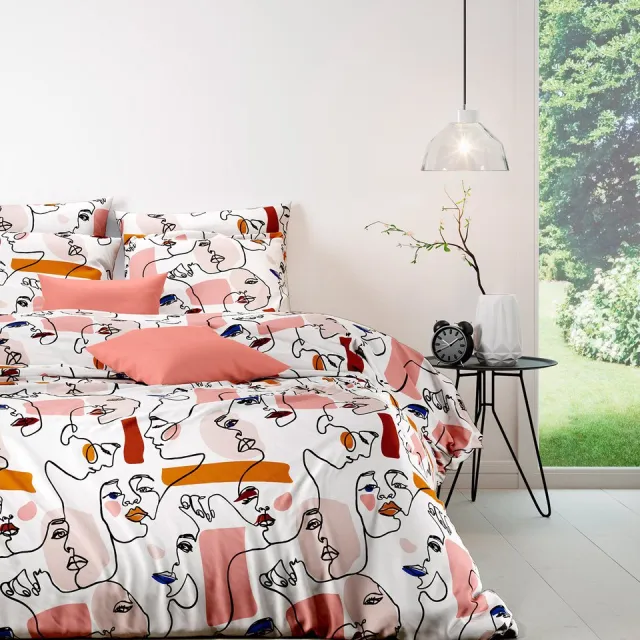 Mistral Home DEKBEDOVERTREK - katoen renforcé - 260 x 240 cm + 2x 65 x 65 cm - extra breed - tekening - oranje Oranje/Roze/Bordeaux/Wit