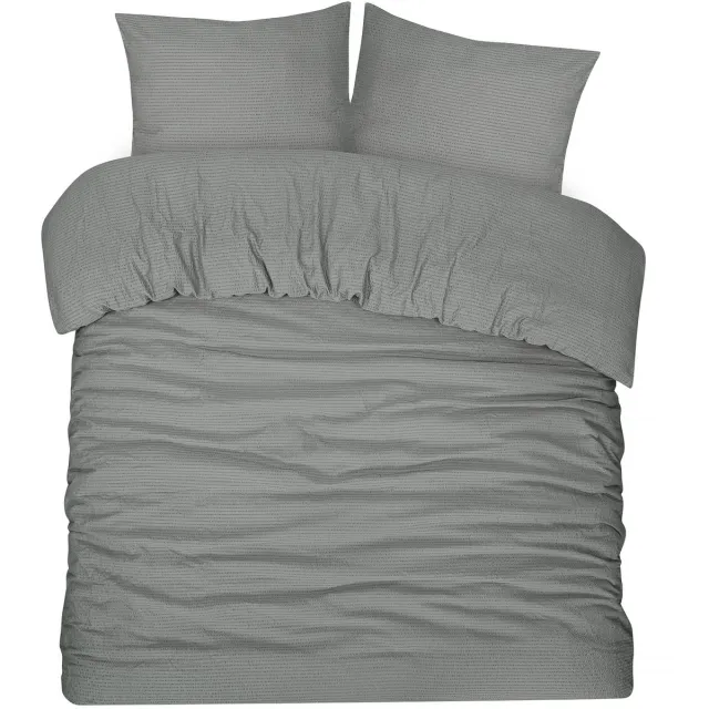 DoubleDry Dekbedovertrek Seersucker - 100% Katoen - Lits Jumeaux 240x200/220 cm + 2 Kussenslopen - Luchtig & Huidvriendelijk - Antraciet