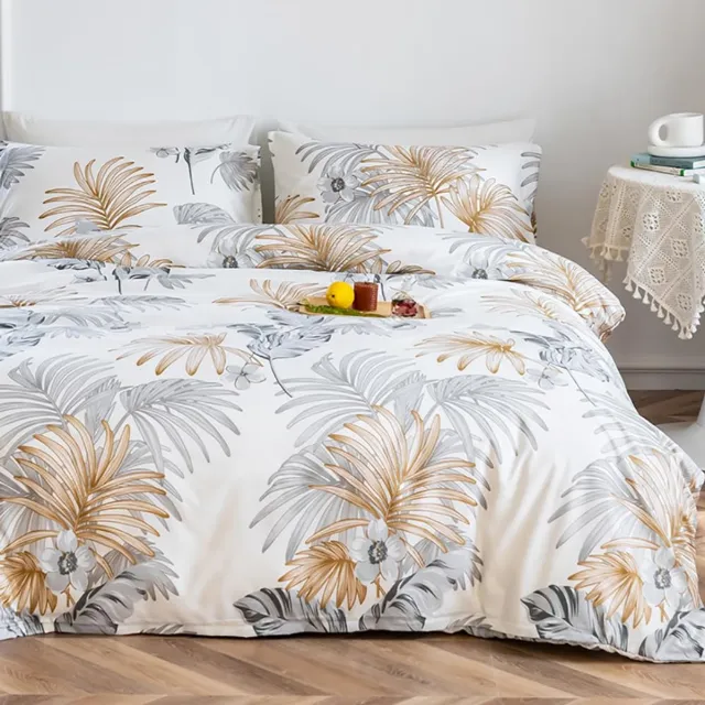 My Ninki ® Stijlvol Grijs-Gouden Beddengoed Set met Tropisch Bladeren en Bloemenpatroon in Microvezel wit