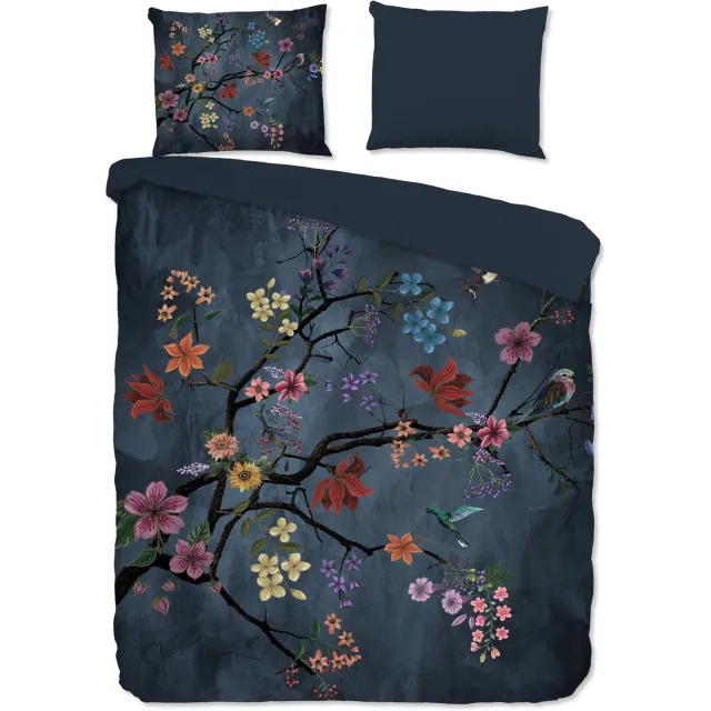 Pure dekbedovertrek takken met gekleurde bloemen en vogels - Donkerblauw - Microvezel Dark Blue