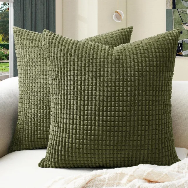 SNQ 2 Stuks Ribfluwelen Kussenslopen met Strepenpatroon - 45x45 cm - Olijfgroen - Zacht en Pluizig - Voor Bank - Bed en Woonkamer