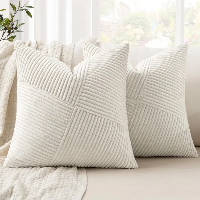 Famanu Kerst corduroy ribfluweel kussenhoezen set van 2 (60x60 cm) – Euro style – zachte decoratieve kussenslopen – off-white kantoor