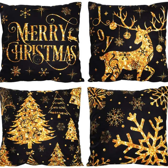 Duraxl Kerstkussenhoes - 45 x 45 cm - Katoen en polyester - Set van 4 - Zwart
