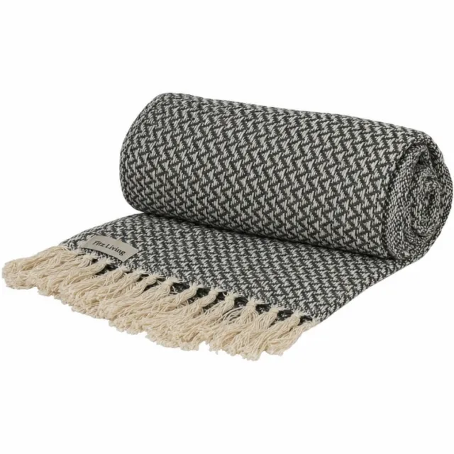 Fitz Living Plaid Visgraat 130 x 180 cm - Zwart - Gerecycled Katoen met Kwastjes