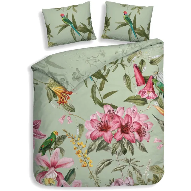 Heckettlane Dekbedovertrek Maribel - Reseda Green - Dekbedovertrek van 100% Katoen-Satijn - Bloemen - Dekbedovertrek 260x200-220 cm - Lits-Jumeaux XL - Palm Beach