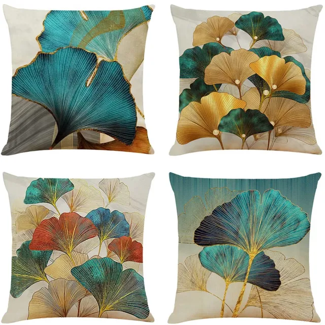 Famanu Kussenhoezen set van 4, 45 x 45 cm, turkoois met goud ginkgo, decoratieve hoezen voor een luxe uitstraling in de woonkamer