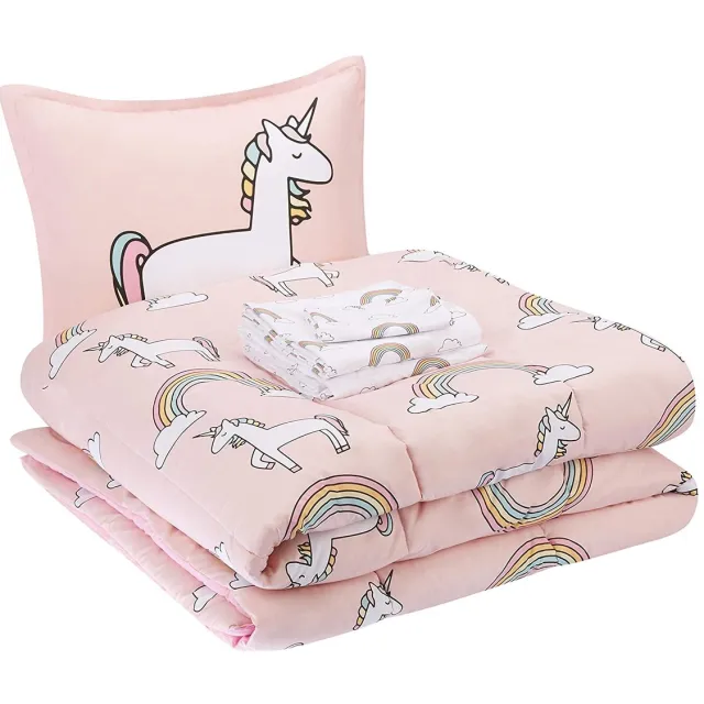 MAZAZU Wasbaar Kinderdekbed Zonder Overtrek - 140x200 cm - Roze Eenhoorns & Regenboog - All-Year - Hypoallergeen & Zacht
