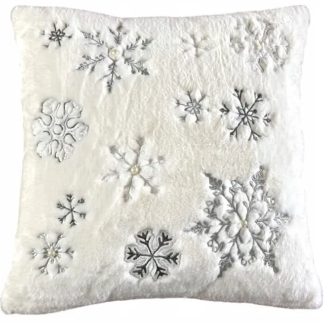 DeHome Kerst kussenhoes 40x40 cm met parels en sneeuwvlokken Wit