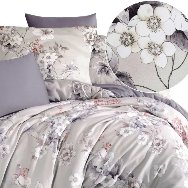 Darymex Luxury Alenya Dekbedovertrek 220x200 cm - Lichtgrijs / Paars - Witte Bloemen & Paarse Bladeren - 100% Katoen-Satijn (127 g/m²) - Lits-Jumeaux - Met Ritssluiting - Luxe Cadeaubox - OEKO-TEX® - Met 2 Kussenslopen 70x80 cm Lichtgrijs | Paars | Wit