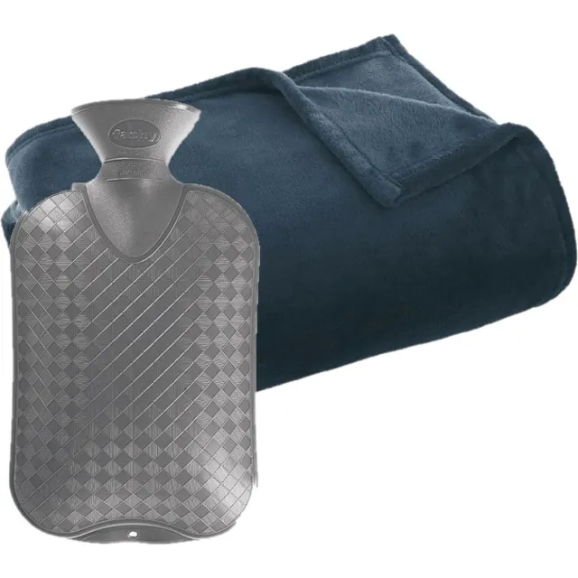 Atmosphera Fleece deken/plaid Navy Blauw 130 x 180 cm en een warmwater kruik 2 liter