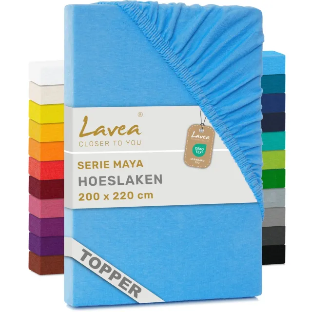 lavea Hoeslaken voor Topper/Topmatras 200x220 cm – 100% Katoen Jersey – Geschikt voor Topmatrassen tot 10 cm – Met Elastiek Rondom – OEKO-TEX Gecertificeerd – Hemelsblauw