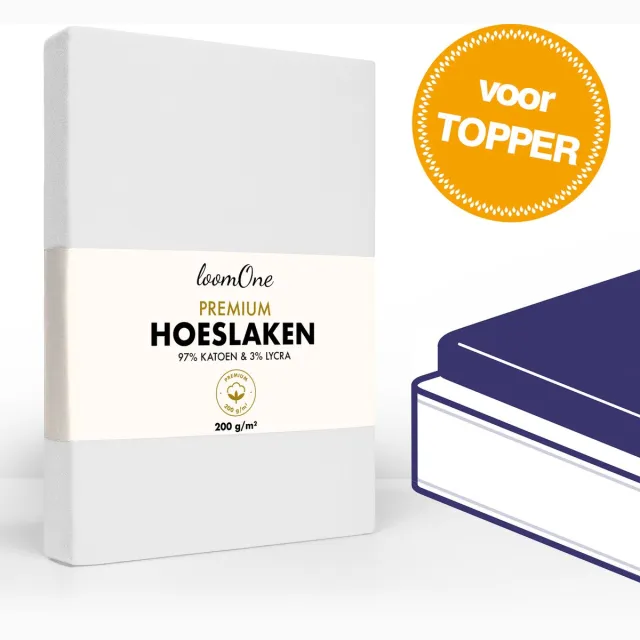 Loom One Premium Topper Hoeslaken – 97% Jersey Katoen / 3% Lycra – 140x200 cm – tot 12cm matrasdikte– 200 g/m² – Wit