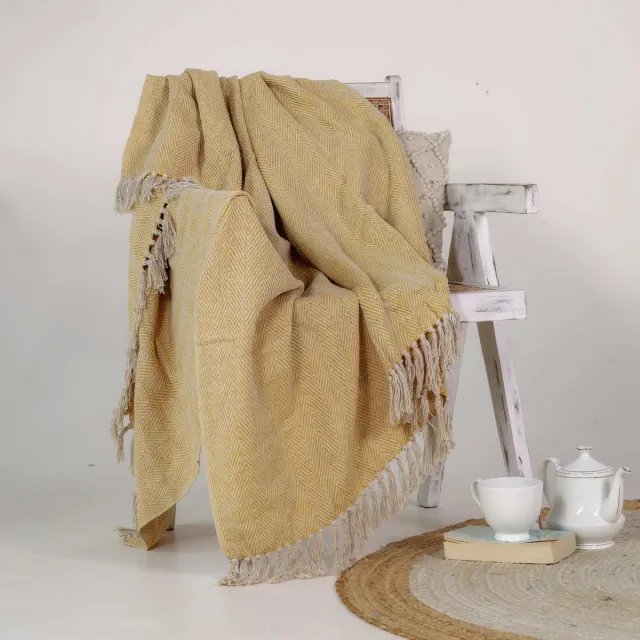 Urbane Hide Mosterdgeel Geweven Zacht Plaid | SierPlaids | 125x150 cm | met Franjes | 100% Katoen | Geel Part B